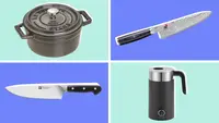 An image of several Zwilling cooking products, including a black Staub mini cocottee, a Miyabi chef's knife, a Zwilling pro chef's knife, and a Zwilling milk frother in black matte.