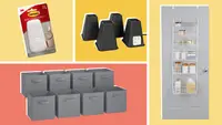 A collage featuring a door hanger, organizer, storage cubes and bed lifts.