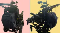 Back and side view of wheelchair with backpack attached