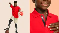On left, young person rests prosthetic leg on football. On right, closeup of hook and loop closure on red polo.