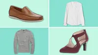 Grey sweater/Maroon heels, white button down shirt, brown loafers