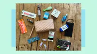 Small toiletry bag with assorted hygiene products scattered all around on tabletop surface.