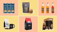 A grid collage of images of organic coffee products.
