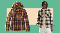 Yellow and purple flannel hoodie and person wearing flannel outfit