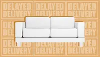 White sofa couch in front of "delayed delivery" phrase.