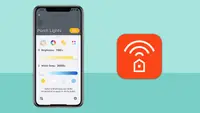 Smartphone displaying Hubspace app functions next to the Hubspace logo.