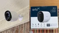 Collage shot of the Arlo Go 2 camera mounted outside a house and the retail product box.