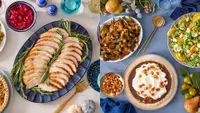 On left, a photo of a sliced turkey on a blue plate. On right, a spread of Thanksgiving sides shot from above.