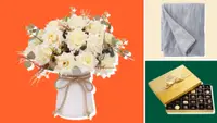 Roses in a vase on red background, blanket on a beige background, and chocolate box on green background.