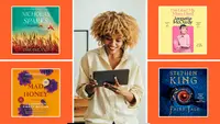 A woman reading a tablet surrounded by the covers for Nicholas Sparks' Dreamland, Jodi Picoult's Mad Honey, Jeanette McCurdy's I'm Glad My Mom Died, and Stephen King's Fairy Tale.