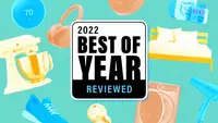 Label reading "2022 Best of Year Reviewed" on top of a collage of products