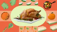 Several Thanksgiving kitchen tools surrounding an image of a cooked turkey, on green and orange backgrounds.