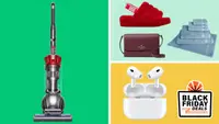 Vacuum, towels, purse, AirPods on green and yellow background