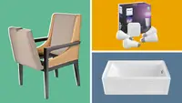 On left, armchair with seat storage. On top right, Philips smart bulbs. On bottom right, white tub.