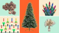 Pinecones, colorful lights, a faux Christmas tree, and pampas grass against a colorful background.
