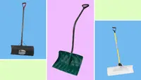 Three snow shovels against a colorful background.