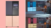 On left, product shot of the MoodUP refrigerator. On right, lifestyle shot of person standing in kitchen while admiring the different LED features on the MoodUP refrigerator.