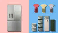 A variety of LG products (including a refrigerator, air purifiers and shoe boxes) in front of a blue and pink background.