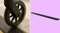 On left, wheel of wheelchair rolling over Rampit Empower Series Rubber Threshold Ramp. On right, product shot of the Rampit Empower Series Rubber Threshold Ramp.