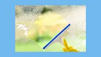 Person wearing a yellow rubber glove and using a squeegee to clean a window.