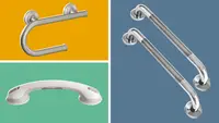 The Zuext, Moen, and Safe-er-Grip grab bars pictured together on a colorful background