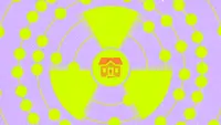 Cartoon graphic of a radioactive symbol with a residential home in the middle.