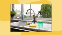 A set of cleaning supplies next to a kitchen sink