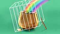 A DIY leprechaun trap with gold coins and a rainbow for St. Patrick's Day.