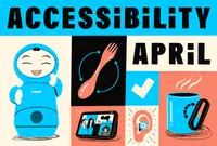 A Moxie robot, spork, smart device and hearing aid on colorful background.