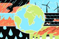 Illustration of the earth, with black, red, blue and green illustrations behind it