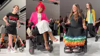 Split image of three models at the Runway of Dreams fashion show in New York City.