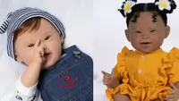 A side by-side image featuring the faces of the baby Noah and baby Emma dolls
