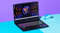 An open and powered on black laptop with a neon-lit keyboard against a purple and blue backdrop.