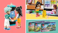 Different Lego Friends characters and Lego boxes on pink, yellow, and green backgrounds.
