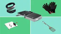 A collage of products in front of a background.