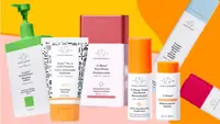 A selection of seven creams, moisturizers and beauty products against a colorful background.