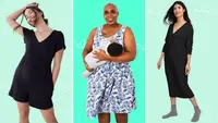 Product shots of different models wearing maternity dresses from Ingrid + Isabel, Latched and Hatch.