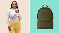 A lavender fanny pack and a green backpack.
