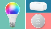 The NanoLeaf Essentials Smart Bulb, Eve Door & Window Sensor, and Google Nest Thermostat next to each other on a teal, pink, and blue background.