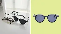 Three pairs of sunglasses on a white countertop, an image of a black pair of aviators against a green backdrop.