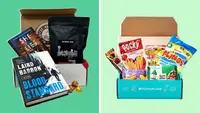 A My Coffee And Book Club box next to a Try Treats box that is filled with a variety of candies on a green background.