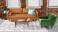 Common room space featuring the Article Sven Charme Leather Couch, Matrix Velvet Chair and Lenia Walnut Oval Coffee Table.