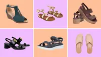 Six pairs of sandals: one with a wedge heel, a flat gold gladiator style, platform crocs, a pair of black heeled sandals, sport sandals, and slides.