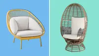 A West Elm Paradise Outdoor Lounge Chair and Home Depot StyleWell Brown Wicker Outdoor Swivel Patio Egg Lounge Chair two chairs that are available on the best places to buy outdoor chairs.