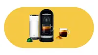 The Nespresso VertuoPlus coffeemaker on a yellow background.