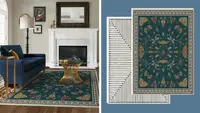 On the left side of the image is a living room setting featuring a Ruggable Premium Rug and on the right side of the image are two Ruggable Premium Rugs on a blue background.