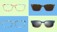 Eyeglasses and sunglasses on blue and green background