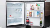 GE GDE25EYKFS Bottom-freezer Refrigerator open to show the spacious interior and door storage.