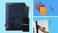 The Boogie board tablet, Rocketbook, and Symphony pen on a three panel image