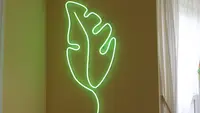 Green leaf-shaped neon light mounted on wall inside of home next to curtained window.